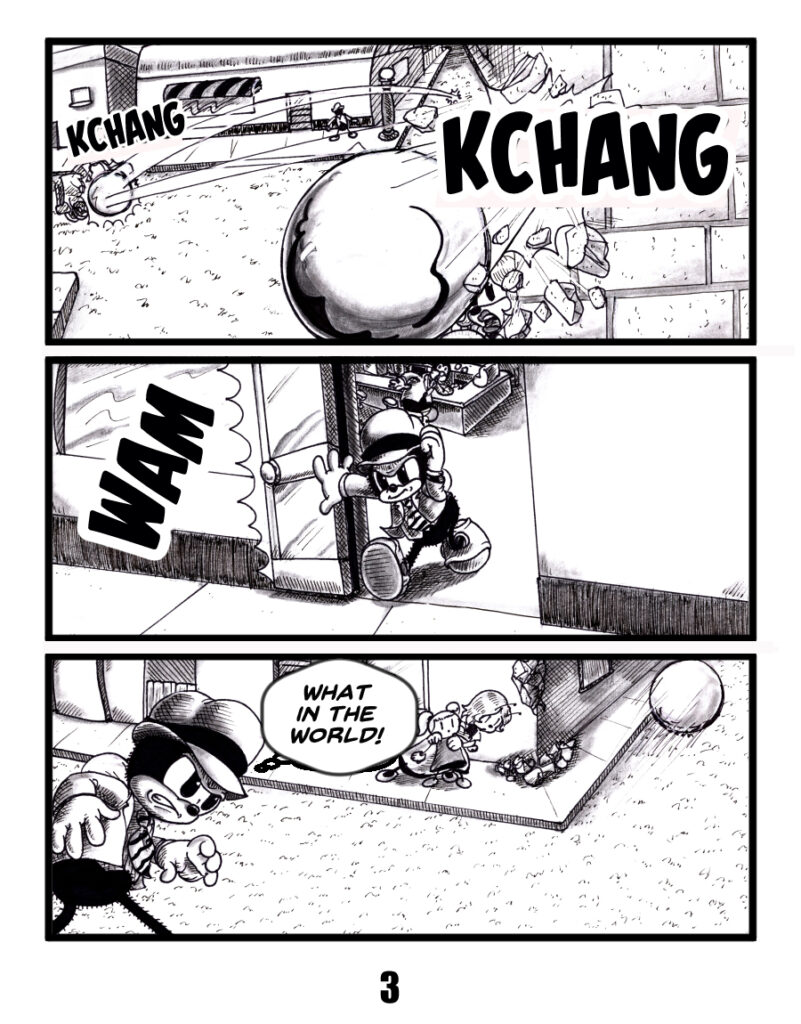 panel one a large metal ball is crashing through the city. panel two the housefly private eye chip wing storms out of the cafe. panel three chip wing surveys the damage and sees the metal sphere barreling down the street. black and white all ages pulp mystery comic.