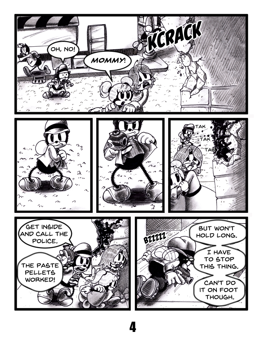 Black and white pulp mystery comic for all ages.

With a mother and daughter in danger from falling debris,  Chip Wing seeing the danger takes action. Bringing out his goo gun, shooting paste pellets to hold the deadly bricks in place before ushering the mother and daughter to safety.