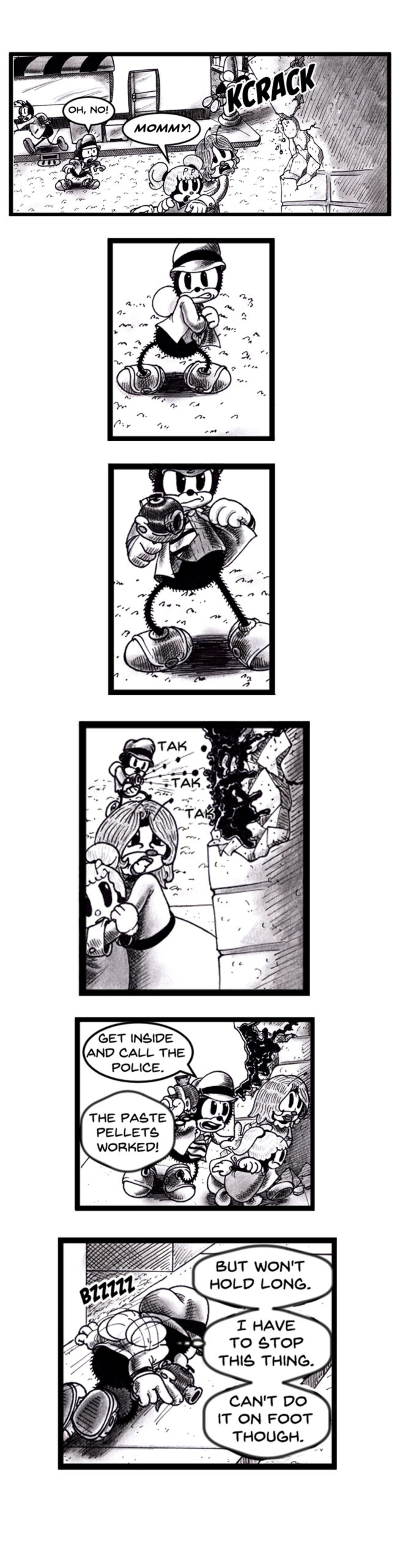 Black and white pulp mystery comic for all ages.

With a mother and daughter in danger from falling debris,  Chip Wing seeing the danger takes action. Bringing out his goo gun, shooting paste pellets to hold the deadly bricks in place before ushering the mother and daughter to safety.