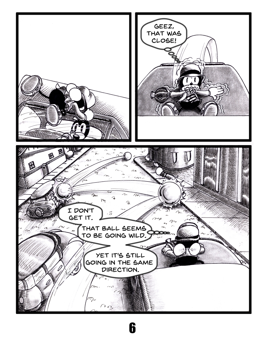 Three-panel black and white comic strip in a rubber hose cartoon style. In the first panel, Chip Wing lies on his back in a small vehicle, looking surprised with a large ball flying over them. In the second panel, the same character sits upright in the vehicle with a worried expression and a thought bubble that says, "Geez, that was close!" In the third panel, the character watches the ball bouncing erratically down a road. Thought bubbles read, "I don't get it. That ball seems to be going wild. Yet it's still going in the same direction."