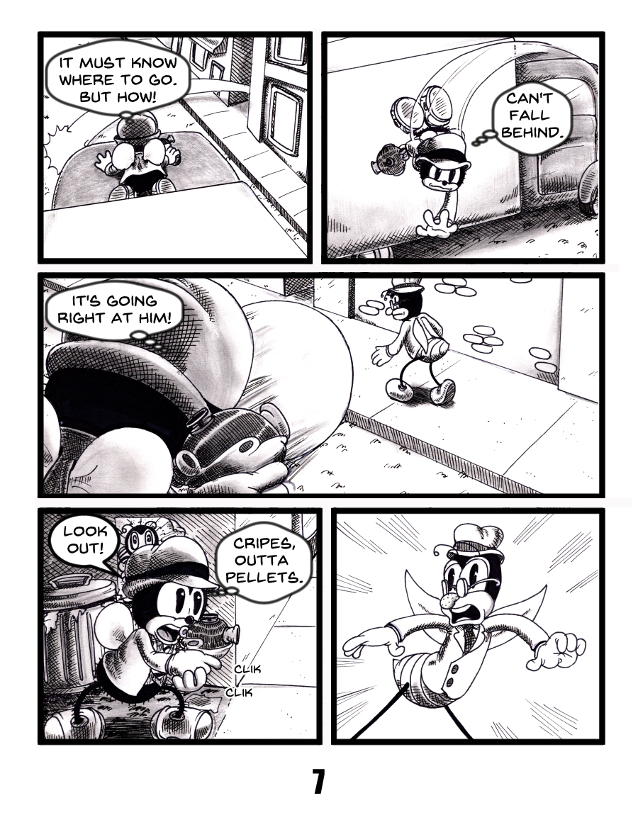 Chip Wing rides a large truck through city streets chasing the metal menace thinking, "It must know where to go. But how!" The character jumps off and runs after the sphere. "Can't fall behind." Chip thinks to himself. The ball charges toward another insect on the sidewalk. Chip tries to shoot but says, "Cripes, outta pellets." The last panel shows the startled insect in the sphere's path.