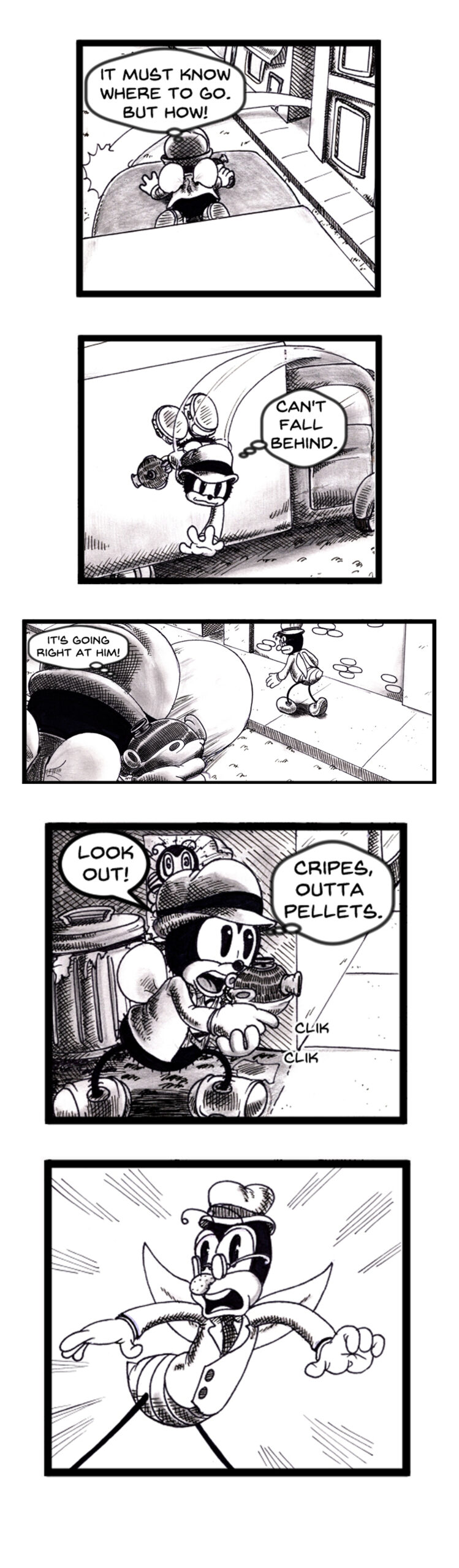 Chip Wing rides a large truck through city streets chasing the metal menace thinking, "It must know where to go. But how!" The character jumps off and runs after the sphere. "Can't fall behind." Chip thinks to himself. The ball charges toward another insect on the sidewalk. Chip tries to shoot but says, "Cripes, outta pellets." The last panel shows the startled insect in the sphere's path.