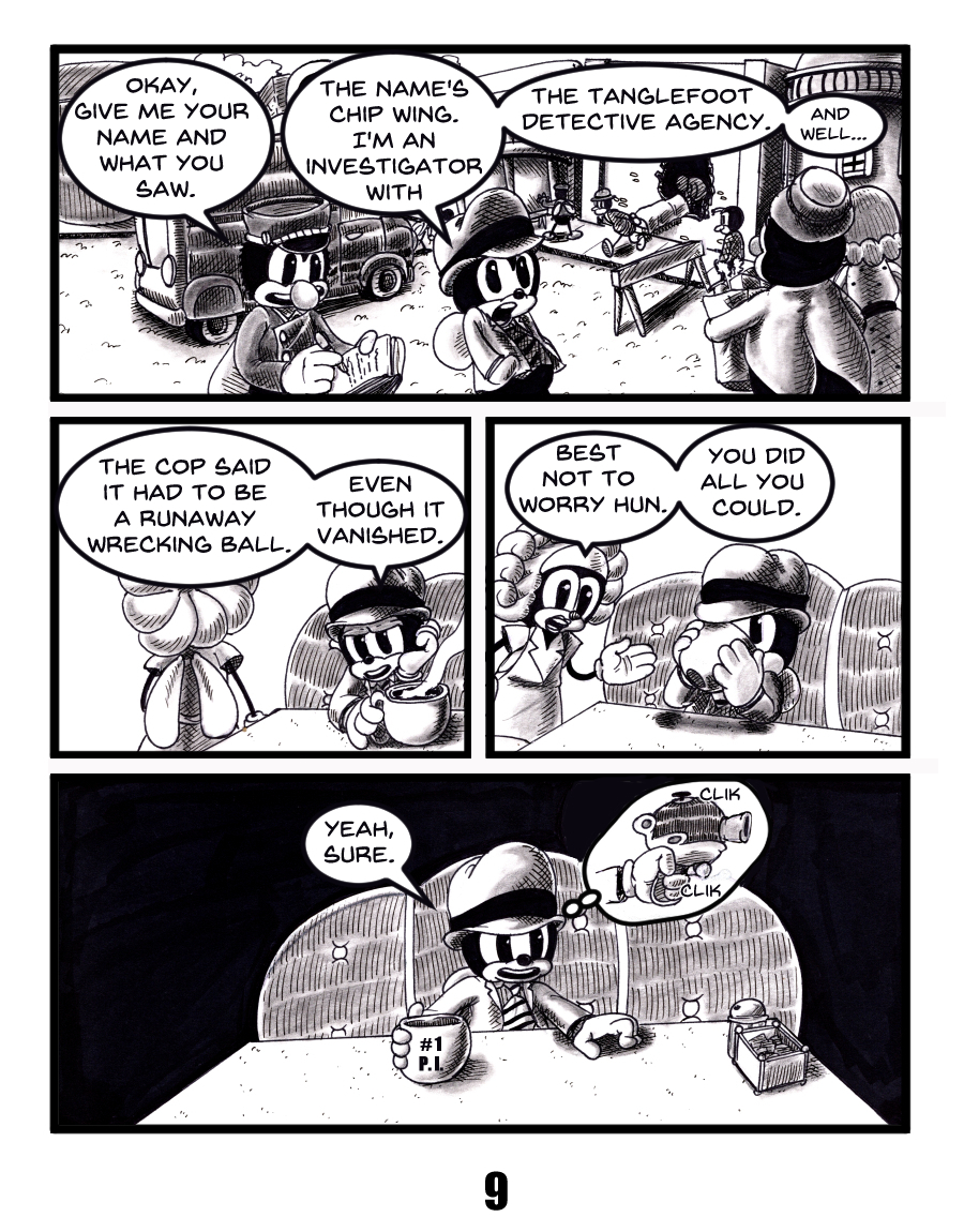 Black and white comic page. With cartoon insects. Panel 1 private detective Chip Wing is being question by police about the death he witnessed. Panel 2 Chip is back at the diner he started at and is speaking with the waitress about his experience. Panel 3 the waitress tries to console chip. Panel 4 chip thinks about what he could have done to save the bug that got squished.