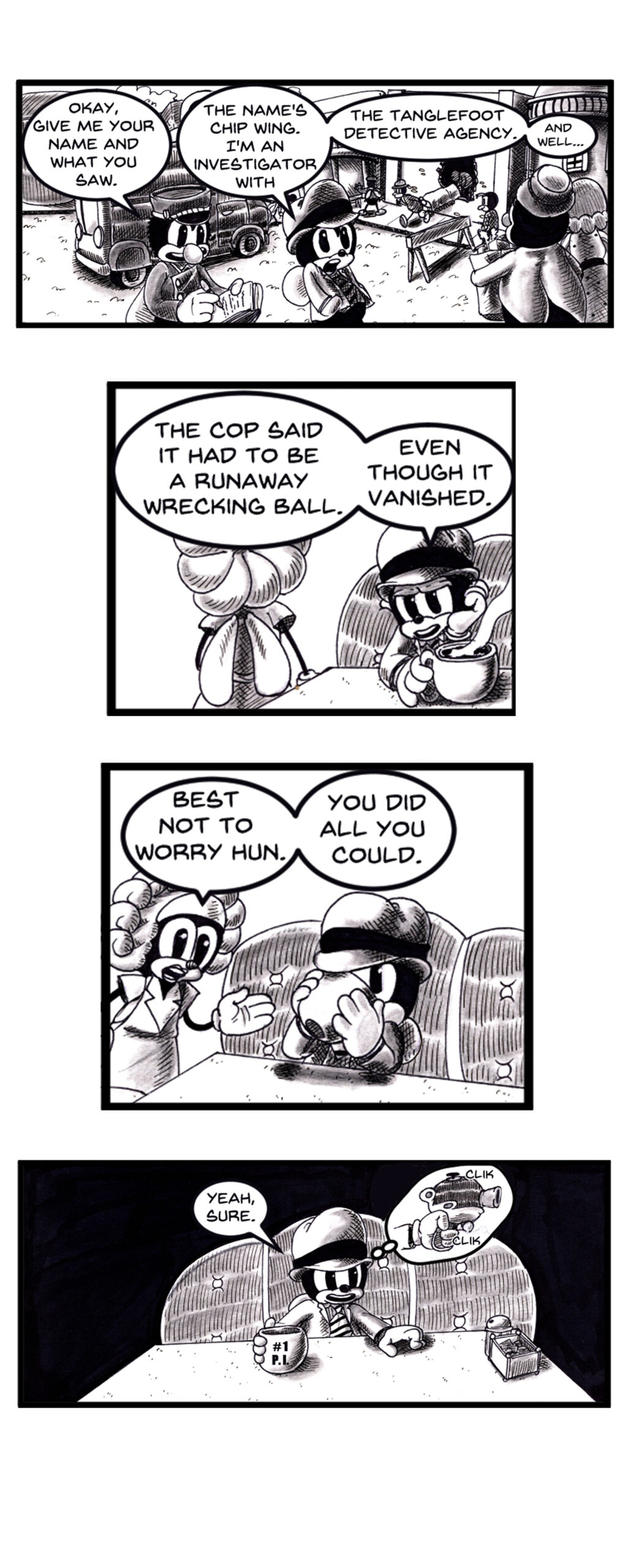 Black and white comic page. With cartoon insects. Panel 1 private detective Chip Wing is being question by police about the death he witnessed. Panel 2 Chip is back at the diner he started at and is speaking with the waitress about his experience. Panel 3 the waitress tries to console chip. Panel 4 chip thinks about what he could have done to save the bug that got squished.