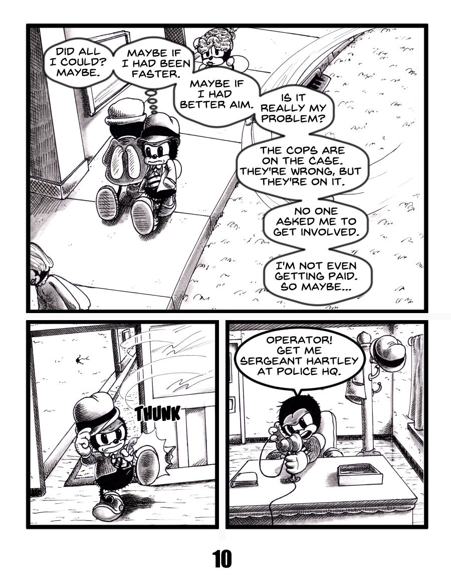 Black and white comic page in rubber hose cartoon style. A housefly detective walks down a quiet city sidewalk, deep in conflicted thought. His inner monologue questions his role in a case: âDid all I could? Maybe. Maybe if I had been faster... better aim... Is it really my problem?â âThe cops are on the case. Theyâre wrong, but theyâre on it. No one asked me to get involved. Iâm not even getting paid.â In the next panel, he kicks open his office door with a âTHUNK,â Final panel: heâs at his office desk, urgently calling on a rotary phone: âOperator! Get me Sergeant Hartley at police HQ.â The scene signals a turning point in the detectiveâs moral decision. Insect detective noir comic